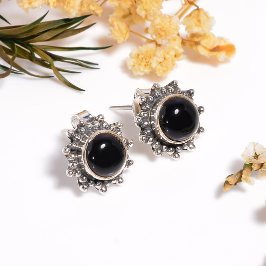 Black Onyx Gemstone Stud Earrings, 925 Silver Sunburst Earrings, Handmade Gemstone Jewelry for Her, Wedding Gift