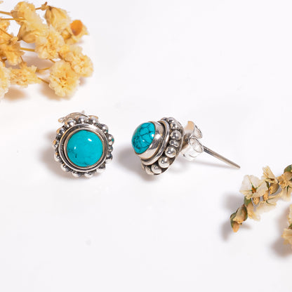 Tibetan Turquoise Gemstone Earrings, 925 Silver Cabochon Gemstone Jewelry, Sleeping beauty Turquoise Gemstone Earrings Gift for Her