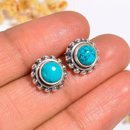Tibetan Turquoise Gemstone Earrings, 925 Silver Cabochon Gemstone Jewelry, Sleeping beauty Turquoise Gemstone Earrings Gift for Her