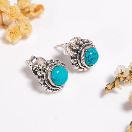 Tibetan Turquoise Gemstone Earrings, 925 Silver Cabochon Gemstone Jewelry, Sleeping beauty Turquoise Gemstone Earrings Gift for Her