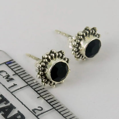GOLD TROVE Handmade Black Onyx Tiny Silver Studs Jewelry, Onyx Studs, Studs For Gift, Gifts For Her or Him, Minimalist Black Onyx Studs
