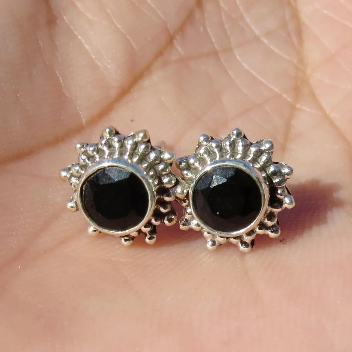 GOLD TROVE Handmade Black Onyx Tiny Silver Studs Jewelry, Onyx Studs, Studs For Gift, Gifts For Her or Him, Minimalist Black Onyx Studs