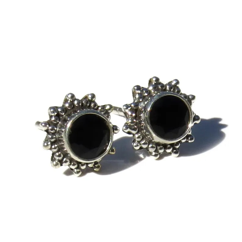 GOLD TROVE Handmade Black Onyx Tiny Silver Studs Jewelry, Onyx Studs, Studs For Gift, Gifts For Her or Him, Minimalist Black Onyx Studs