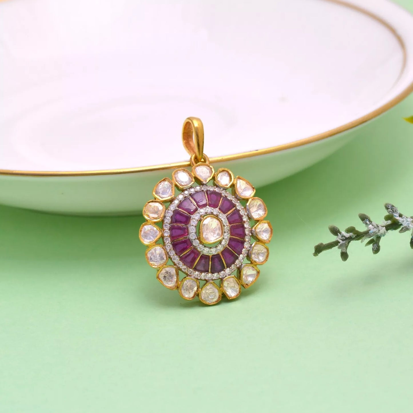 Natural Polki Diamond Pendant Vintage Gold Plated 925 Sterling Silver Women Gift