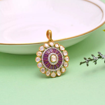 Natural Polki Diamond Pendant Vintage Gold Plated 925 Sterling Silver Women Gift